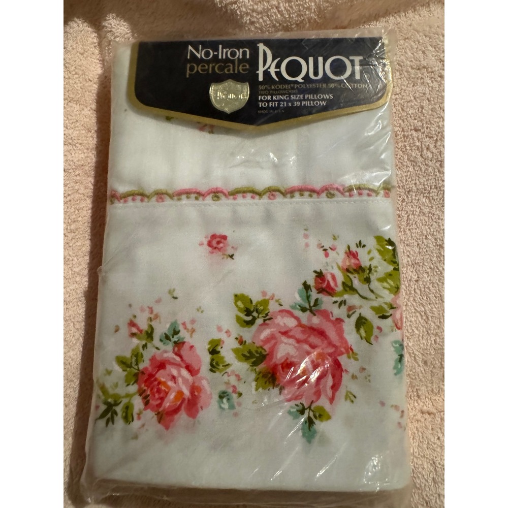 Vintage Pequot King Pillowcase Set 2pc Floral Rose Scalloped Edge No-Iron